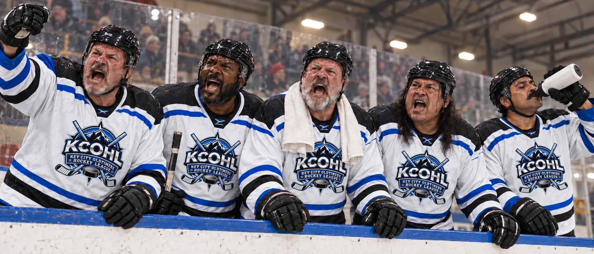 Five KCOHL players in white jerseys leaning over the boards cheering on their teammates