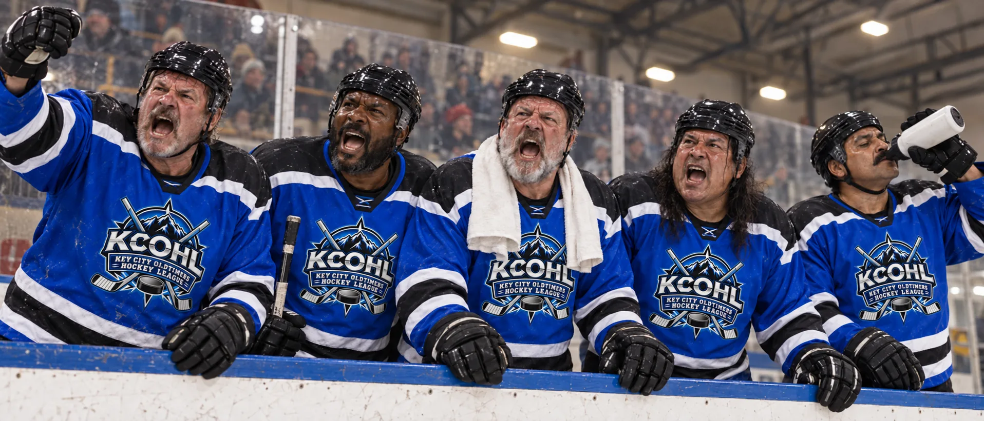 Five KCOHL players leaning over the boards cheering on their teammates