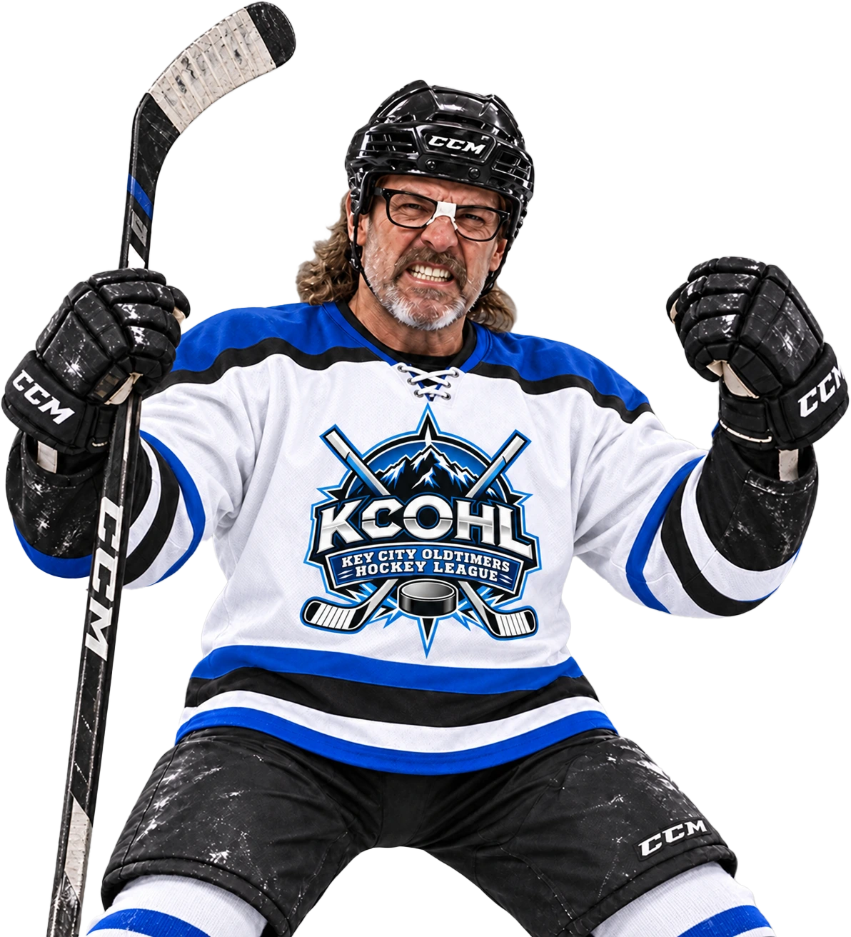 A KCOHL player in a white jersey celebrating, stick and fist raised